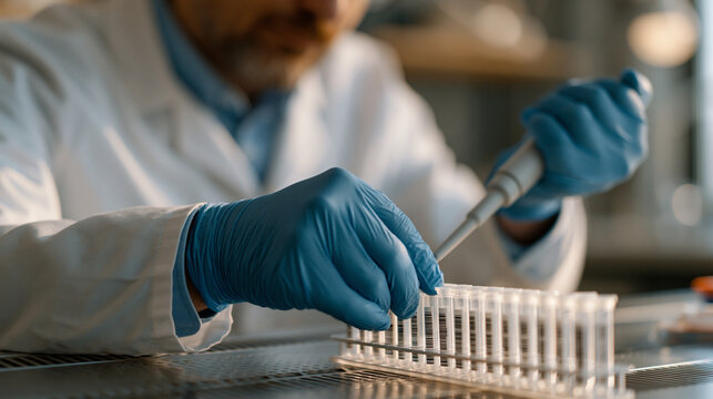 Biochemist preparing circulating tumor DNA extraction tubes under a biosafety cabinet, liquid biopsy oncology screening protocol in progress, sample barcodes aligned on a rack,
