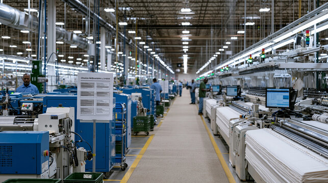 Industrial textile mill floor where floor supervisor uses posted default option nudge system to guide shift decisions, laminated choice architecture card beside equipment, workers