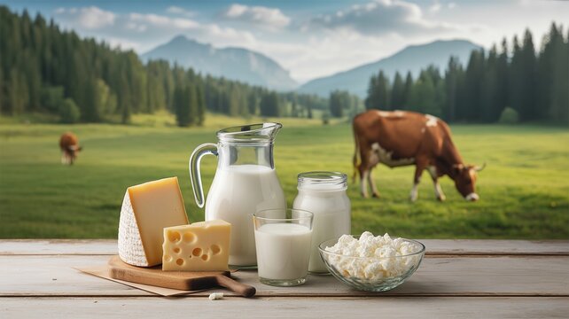 Rustic dairy products with milk cheese cream and cottage cheese on wooden table with cows grazing meadow mountains and forest