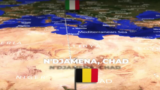 Flight From Rome ITALY to N Djamena CHAD with flag pins