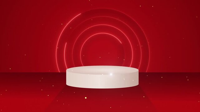 Luxury product presentation podium on red background with glowing neon circle lights animation 4k