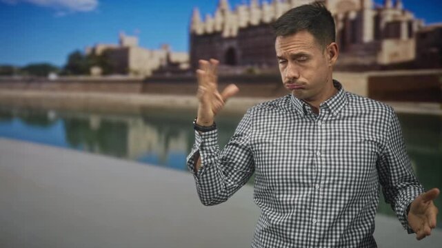 Man sniffs checkered shirt and makes dismissive hand gesture in front of building by waterfront; disgust.