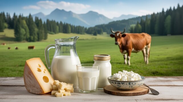 Rustic dairy products with cheese milk cream and cottage cheese on wooden table with cow grazing in meadow under clear sky