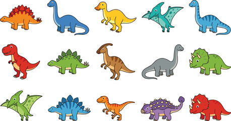 Cute Cartoon Dinosaur Vector Set with Colorful Prehistoric Animal Characters for Kids Education Designs © MDABDUL