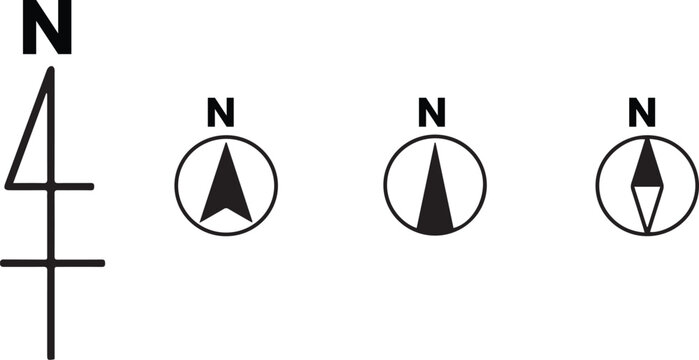 North direction icon set, compass navigation symbols, north arrow indicators, map and location signs, downward arrow icons, modern vector illustration for digital interface design, vector 