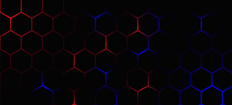Dark red and blue hexagon abstract technology background with red and blue colored bright flashes under hexagon. Hexagonal gaming vector abstract tech background