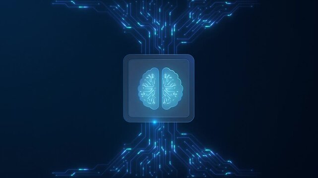 Artificial Intelligence Processor Microchip Animation with Glowing Circuit Board Patterns and Brain Icon