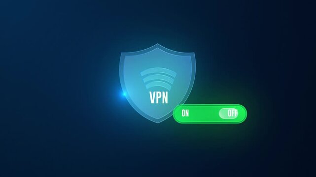 VPN Cyber Security Shield Animation with Green ON and OFF Toggle Switch Button animation 4k.