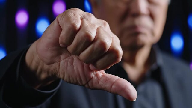 A detailed shot of an older man's hand making a thumbs down gesture, conveying strong disagreement.