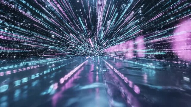Abstract digital light trails and binary code in space.