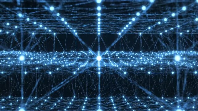 Abstract digital network landscape with blue glowing nodes.
