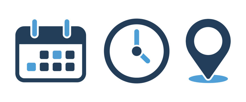 Calendar clock and location map pin graphics for meeting agendas event schedules and reminders