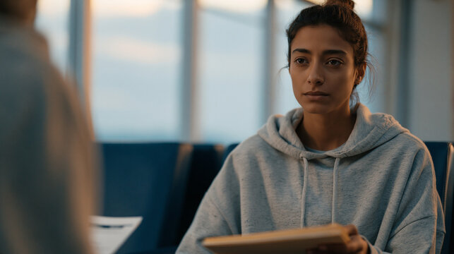 Anxious asylum-seeker sitting in a fluorescent-lit immigration holding facility waiting room, clutching a manila folder of translated documents as a legal aid attorney arrives and