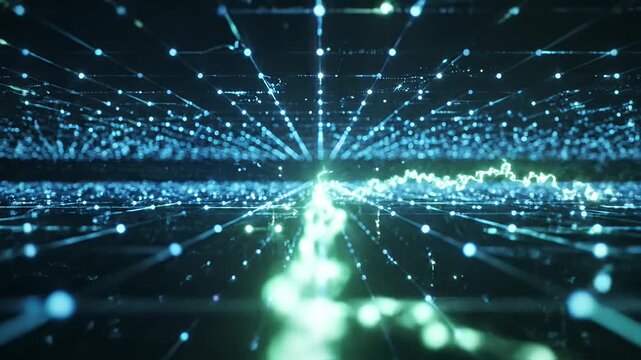 Abstract digital network with glowing blue particles and lines receding into darkness.