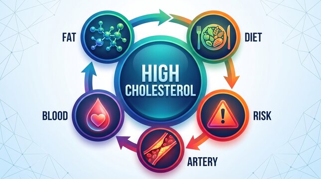 High cholesterol infographic showing causes and effects of diet  