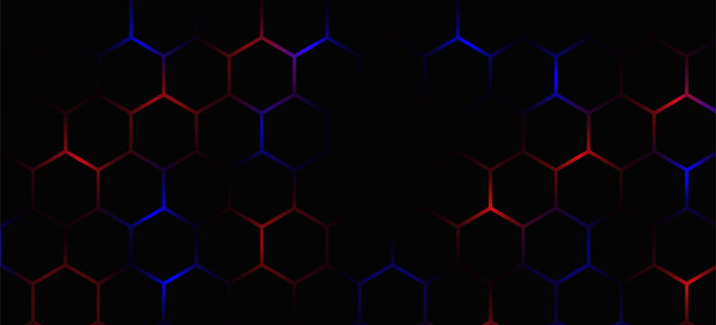 Dark red and blue hexagon abstract technology background with red and blue colored bright flashes under hexagon. Hexagonal gaming vector abstract tech background