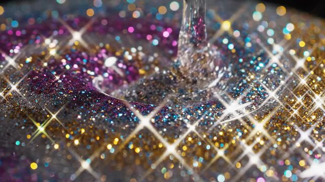 Close-up of clear liquid with colorful glitter pouring into a shimmering pool, creating beautiful ripples and sparkles.