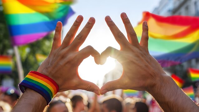 Hands Forming Heart Shape with Pride Flags in Background at Festival