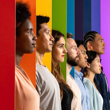 Diverse Group of People Standing in Front of Colorful Backgrounds