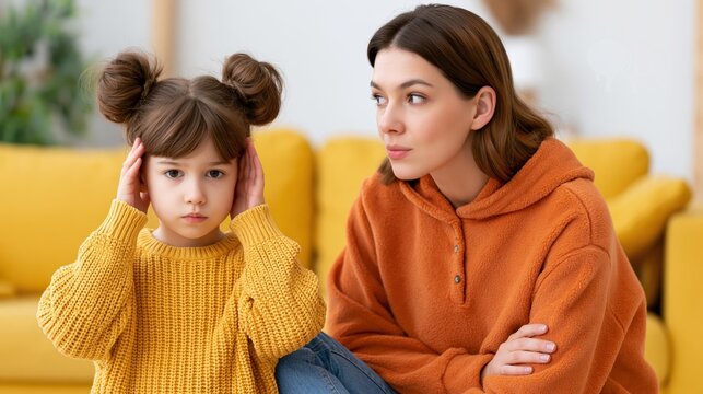 Mother tries to talk to her child who is covering her ears and refusing to listen