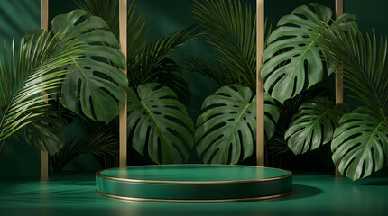 Obraz premium Luxury Green Podium with Gold Rim and Monstera Leaves for Premium Product Showcase Backdrop and Marketing Display Asset