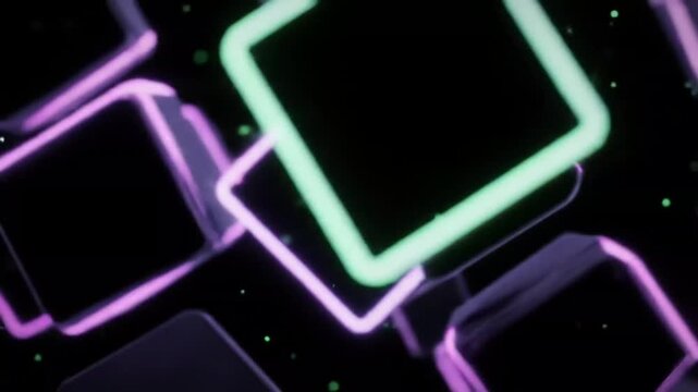 Abstract glowing neon purple and green 3D floating cubes.