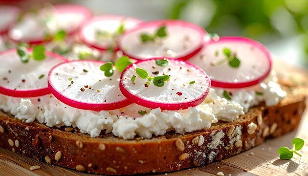 Vollkornbrot mit H&uuml;ttenk&auml;se und frischen Radieschen