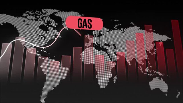 Global Gas Market Crisis Animation with Rising Bar Chart and Line Graph over World Map 4k.