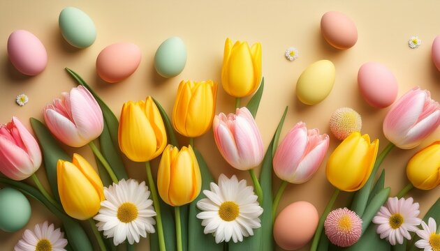 Bright Vertical Yellow And Pink Tulips With Pastel Decorative Easter Eggs And Daisy Flowers Create A Spring Themed Composition On A Plain Background