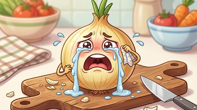 Crying onion with sad expression on chopping board in kitchen  