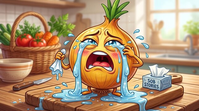 Crying cartoon onion holding tissue on kitchen countertop  