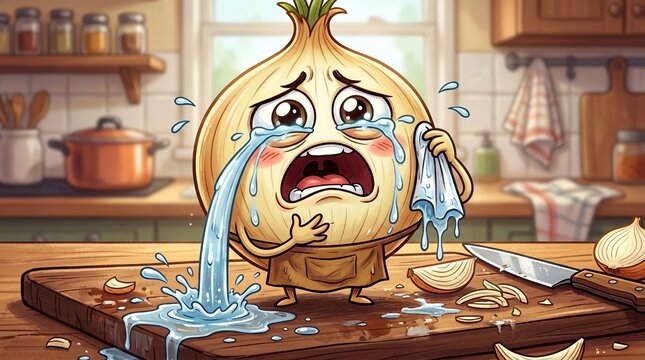 Cartoon onion crying while holding a cloth in a cozy kitchen  