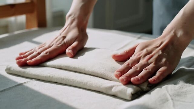 Person Folding Laundry with Hands Pressing Fabric on Bed in Well-lit Room