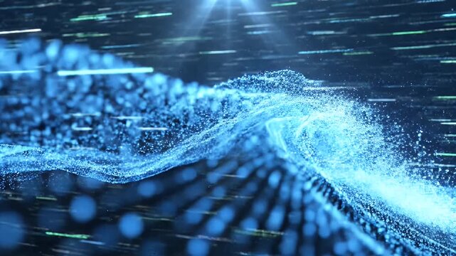 A dynamic digital wave rendered in luminous blue particles against a backdrop of streaming data.