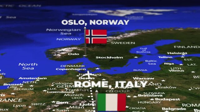 Flight From Rome ITALY to Oslo NORWAY with flag pins