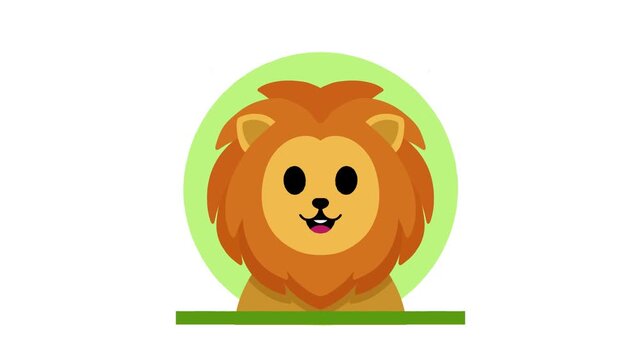 Cute 2D animated lion head with a big brown mane smiling inside a green circular frame for kids content.