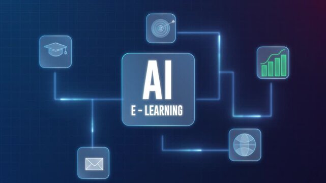 Artificial intelligence in education concept animation showing an AI E-Learning node connected to digital icons  background animation 4k.