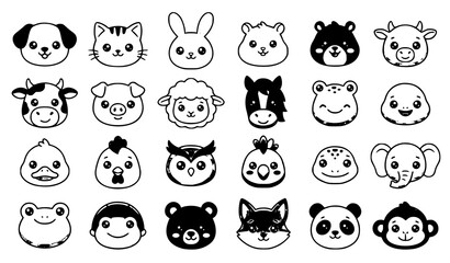 Fototapeta premium Cute Kawaii Animal Face Vector Set with Pets Farm Animals Birds and Reptiles