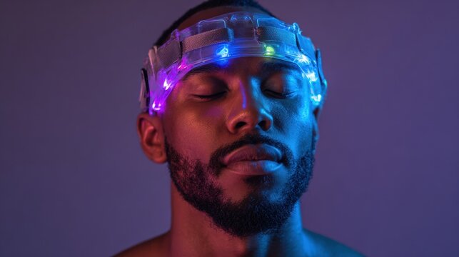 Meditating man wearing LED biofeedback headband, eyes closed, ambient purpleblue lighting, calm expression, breathfocused mindfulness practice, modern wellness technology aesthetic