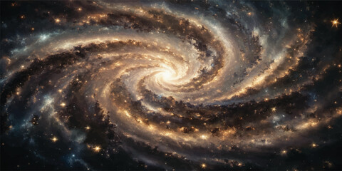 A cosmic illustration of a deep blue spiral galaxy swirling with bright stars and dark nebula clouds across the vast night universe © Midul