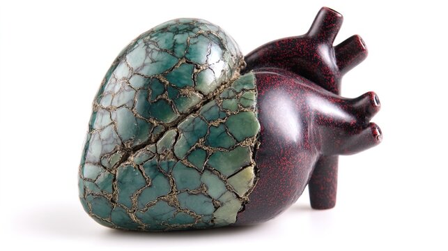 encroaching. A marble-sculpted human heart cross-section with a glossy, fatty texture encroaching on one side. STEM education sheets.