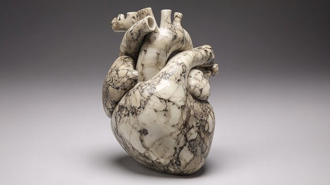 encroaching. A marble-sculpted human heart cross-section with a glossy, fatty texture encroaching on one side. STEM education sheets.