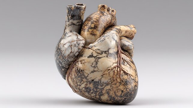 encroaching. A marble-sculpted human heart cross-section with a glossy, fatty texture encroaching on one side. STEM education sheets.