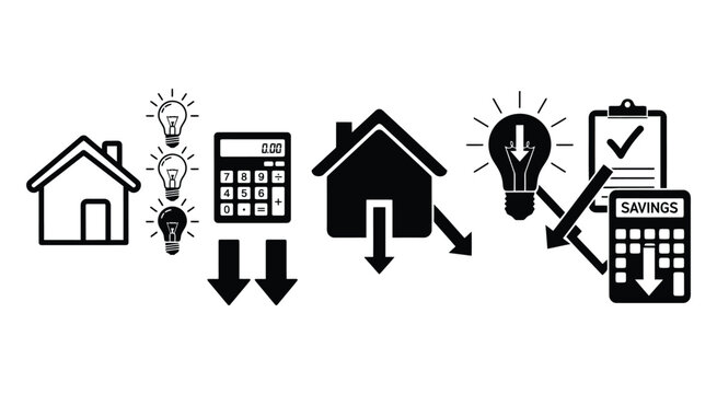 Lower Taxes Icon With House Lightbulb And Calculator Black Silhouette