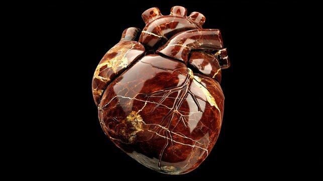 encroaching. A marble-sculpted human heart cross-section with a glossy, fatty texture encroaching on one side. STEM education sheets.