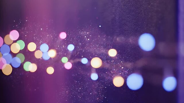 Soft focus string lights create a bokeh effect with purple and blue tones.