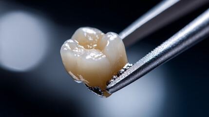 Fototapeta premium Close-up of Extracted Human Tooth Held by Dental Pliers on Dark Background