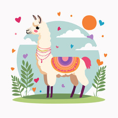 Naklejka premium Cute Llama Illustration with Hearts and Sun