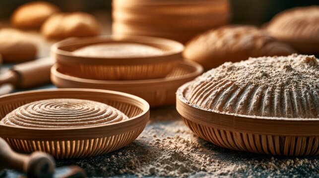 Handcrafted clay bowls on workbench, carved patterns and textured rims under warm light, potter tools scattered, kiln dust settling, bowls drying ready for glazing in rustic workshop.