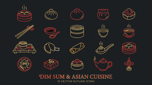 Collection of 16 vector outline icons representing dim sum and various Asian cuisine dishes, presented on a dark background.